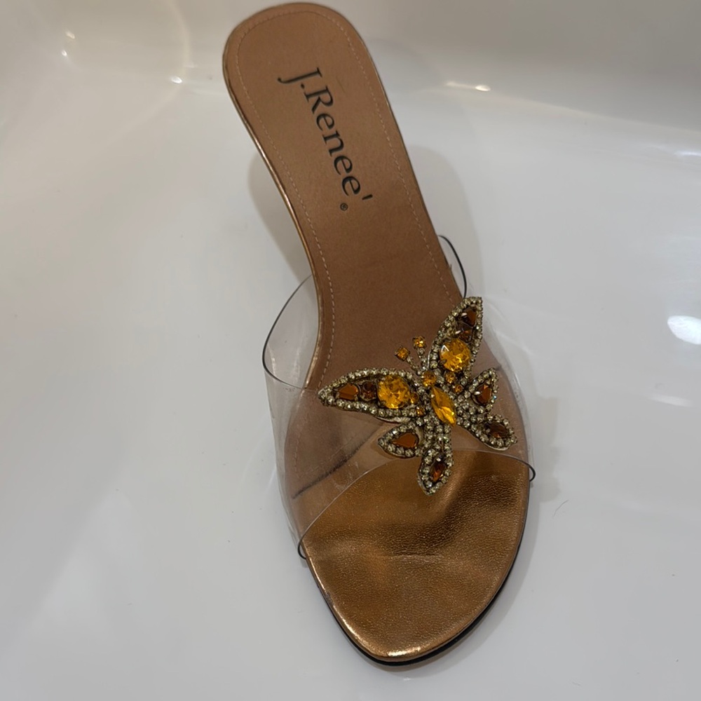 J.Renee Women's Gold Slide Sandals with Butterfly Accent